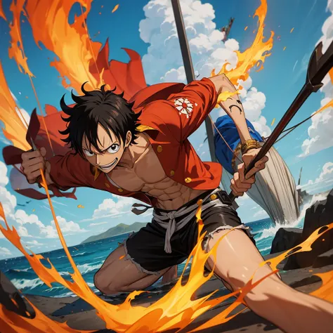 personagem homem  de one piece com arco e flecha e com poderes de lava usando manto da marinha