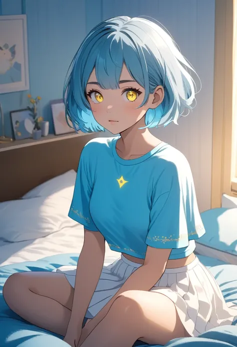 a young girl with short cyan hair and yellow glowing eyes, is wearing a blue crop top and a white skirt. she is sitting on her bed in a cozy and neatly decorated bedroom. ((high quality 2.0)) ((High Resolution 1.3))