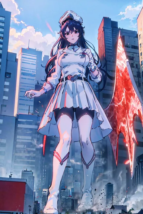 Girl taller than the building，from below, round and large eyes、tallgts,giantess，Full body photo，BuildingSeat, white uniform，Big breasts，pencil skirts，，white boots，cleveage of the breast、a miniskirt、Modern miniature buildings、top-quality、Watercolor style、st...