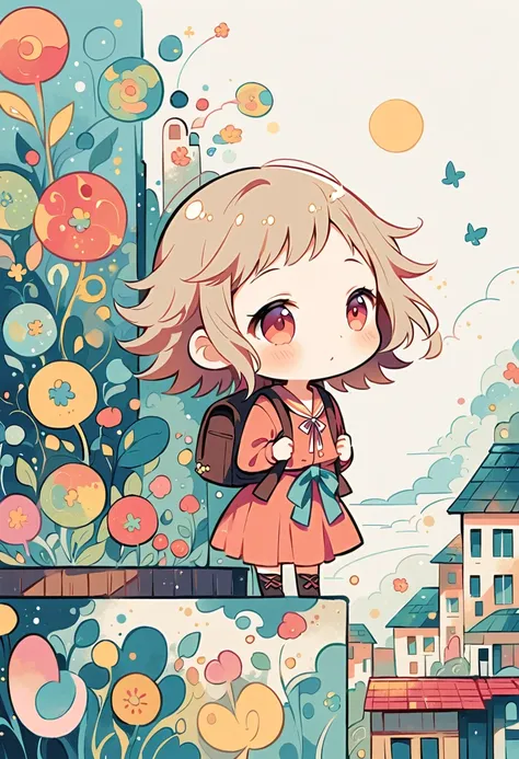 Momoko Sakura style, Standing in front of a high wall，Girl with backpack on rooftop，My backpack is full of happy spring，Simple Line Initialism，Abstract art，Urban Background, (((The most beautiful girl))), (((chibi)))