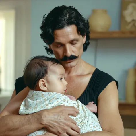 The man in his 45s with black very short hair and smooth face with moustache. The woman in her 45s with brown long wavy hair. The woman has a baby boy in her arms and is breastfeeding him. The man is watching them. UHD. HDR. Cinematic.