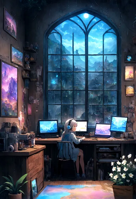 On the desk、girl、Tablet、liquid crystal、rain、PC Monitor、liquid crystalTablet、smartphone、wall、Dark atmosphere、Blue Neon、Brewster、keyboard、Vocal Microphone、headphone、Large windows、scenery、White flowers and a laptop on a desk in front of a window, Digital pain...