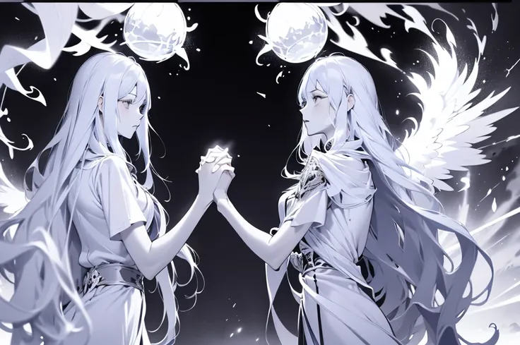 monochrome、line art、multiple vibrant light sources floating in the air、twin goddesses、twins holding hands like mirror images、she...