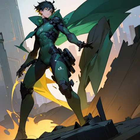 1male, young adult, finely detailed green eyes, wild short hair, black hair, scars, arm bandages, full body combat suits, loose pants, standing on ruined building, night time, serious expression