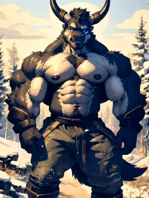 Minotaur, solo, muscular, perfect_eyes, perfect_face, abs, big_chest,wide_body, muscular_arms, winter, snowforest_background, solo, minotaur, theets, angry, half_body, close_up, manly, man, muscular, brown_horns, big_eyes, orange_eyes, glowing_eyes, bara_b...