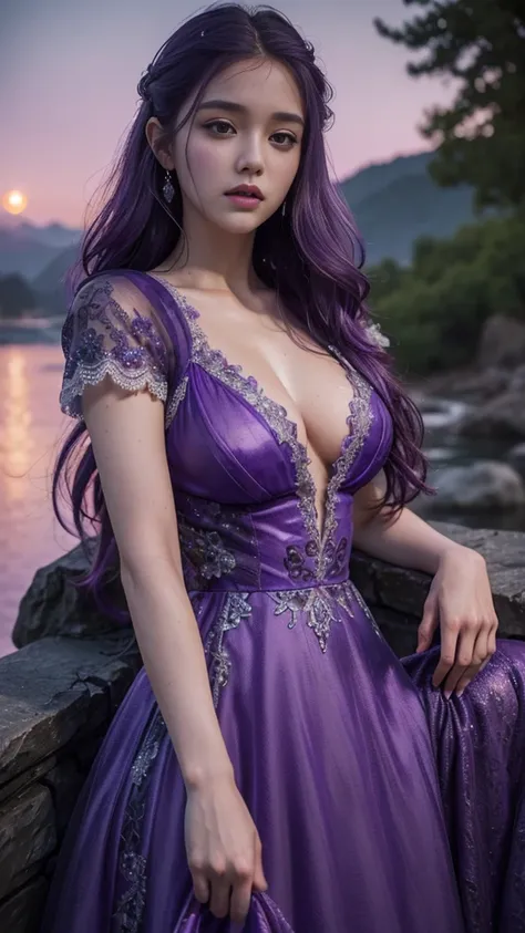 HDR 10, beautiful girl, detailed eyes, detailed lips, very long hair, purple hair, ultra detailed texture, water drops, outdoors, game of thrones, purple heavy dress, (high detailed purple dress:1.5), lace, loops, soft lighting, attractive poses,