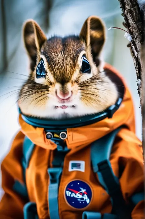 RAW Photos, delicate, highest quality,Hyper Detail, In detail,  8k, 32k, masterpiece,(Ultra-high resolution:1.2),Chipmunk in a spacesuit、Take a helmet、The mission to the moon is ready, In the snowy forest、Cloudy Trees々and crunchy, cold,Hide in burrows and ...