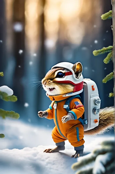 RAW Photos, delicate, highest quality,Hyper Detail, In detail,  8k, 32k, masterpiece,(Ultra-high resolution:1.2),Chipmunk in a spacesuit、Take a helmet、The mission to the moon is ready, In the snowy forest、Cloudy Trees々and crunchy, cold,Hide in burrows and ...