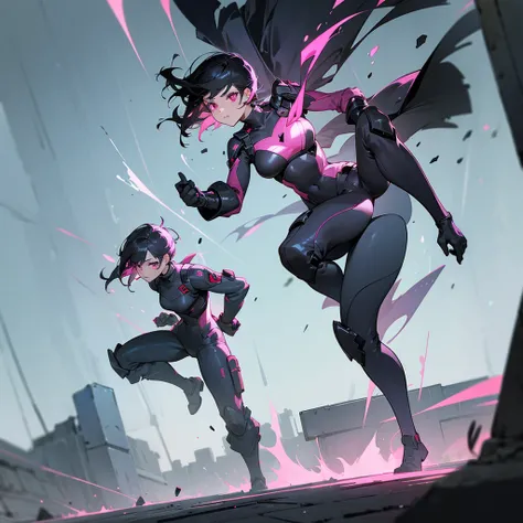 1female, young adult, finely detailed pink eyes, wild short hair, black hair, full body combat suits, loose pants, standing on ruined building, night time, serious expression