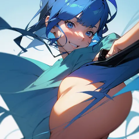 A blue-haired girl giving counseling in a counseling room. She has a cold expression and is smiling. Her clothes are a cyberpunk. She is looking at herself. “She is holding her chin.”