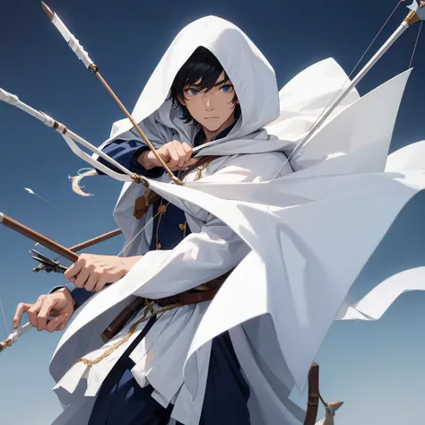 man character in white cloak with navy symbol using bow and arrows