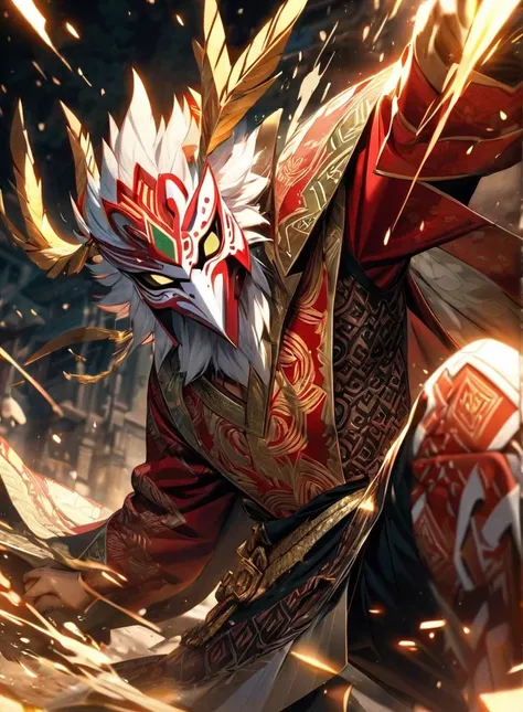 ,absurdres, highres, ultra detailed, HDR, masterpiece, extremely detailed face and eyes,Indonesian Super Hero costume,,red and white Garuda costume, Garuda eagle mask, , Indonesia batik pattern , solo, man, handsome, ,, , Epic fight scene, golden splashing...