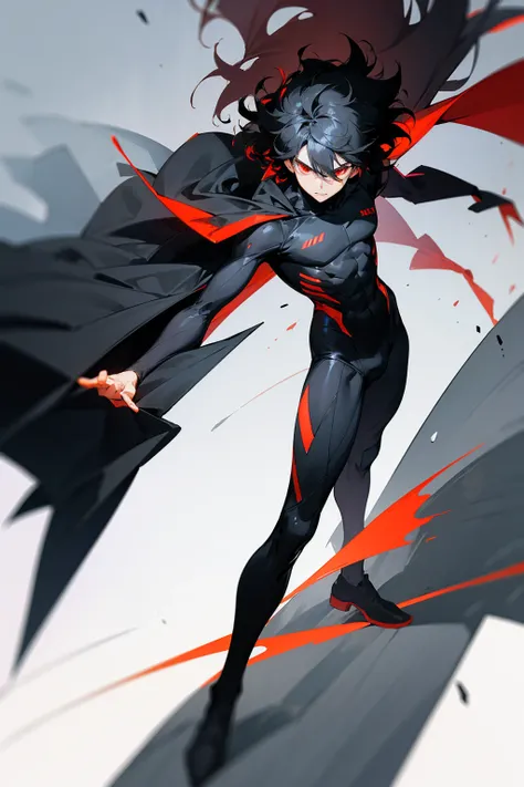 1male, black hair, wild hair, two toned hair, red eyes, full body combat suit, angered expression, black suit, white two toned suit, city background, standing on path, hands behind back