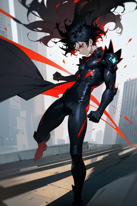 1male, black hair, wild hair, two toned hair, red eyes, full body combat suit, angered expression, black suit, white two toned suit, city background, standing on path, hands behind back