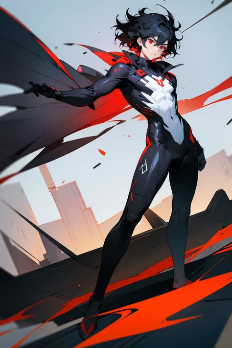 1male, black hair, wild hair, two toned hair, red eyes, full body combat suit, angered expression, black suit, white two toned suit, city background, standing on path, hands behind back