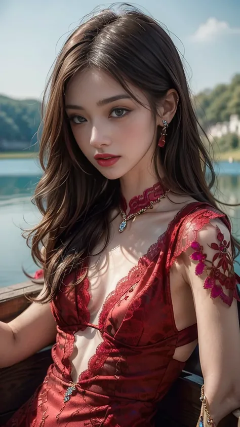 8k, masterpiece, 1 girl, beautiful face, very long hair, light makeup, detailed eyes, detailed lips, small figure, detailed dress, red dress, (wearing jewellery:1.8), (red lace:1.4), ((lake:1.4)),