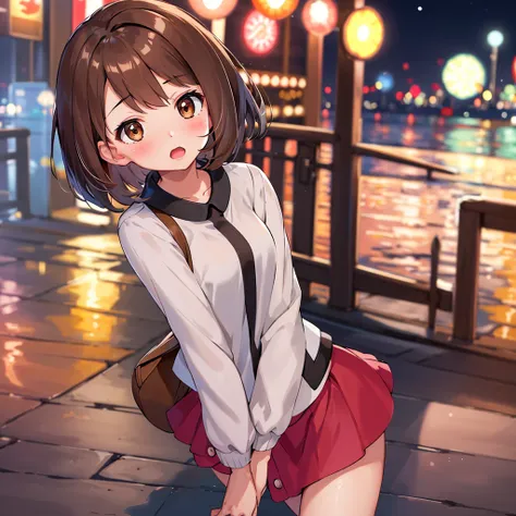 masterpiece, highest quality, High resolution, Gloria1, 1 Girl, Gloria(Pokémon), Brown Hair, , Brown Eyes, , Short Hair, , Bobcut, bangs, , 　１Describe a girl carefully　１Girl　Expression in love　blush　Open Mouth　blush　In town　Jacket　shirt　mini skirt　Night Mo...