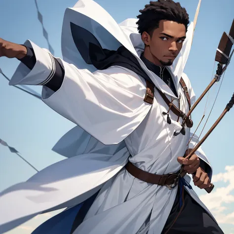 black man character in white cloak with navy symbol using bow and arrows