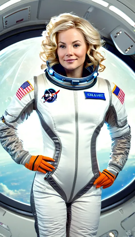 photorealistic woman,  age 30, nordic, blond wavy hair, athletic, dressed as astronaut, hover in a spaceship 