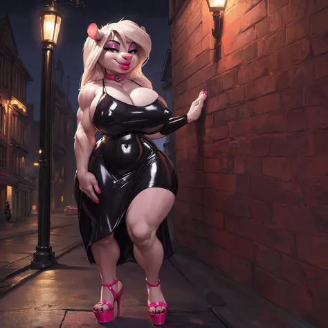 solo, 1girl, minerva mink, (huge breasts:1.2), (hyper hips), (big bottom lip:1.2), (deep pink lip gloss:1.3), pink leather collar, bimbo, prostitute, pink eyeshadow, curvy, voluptuous, hourglass figure, long black dress with open thighs, (pink latex dress ...