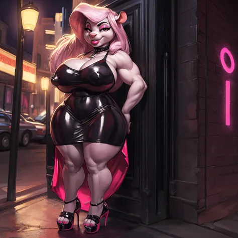 solo, 1girl, minerva mink, (huge breasts:1.2), (hyper hips), (big bottom lip:1.2), (deep pink lip gloss:1.3), pink leather collar, bimbo, prostitute, pink eyeshadow, curvy, voluptuous, hourglass figure, long black dress with open thighs, (pink latex dress ...