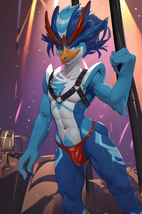 ,full-body-shot:1), (highly detailed:1.2),(detailed face:1.2), ,, ((portrait)), (dynamic pose:1.2), male quaquaval, Pokémon, furry Bird, anthro , wavy long blue hair , sexy slutty male, femboy, pole dancing, bulge on jockstrap , slutty dancer, Lascivious l...