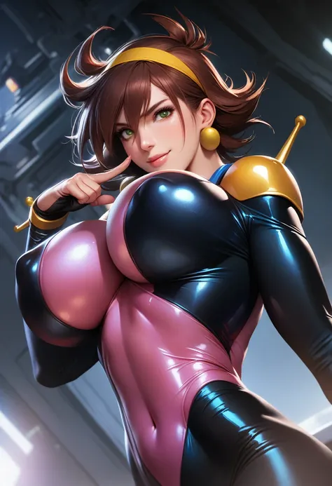 Rain Mikamura,yellow headband,perfect hands, perfect finger,perfect anatomy, masterpiece, best quality,realistic, hyperrealistic, 16k hdr,1girl, large breasts,erected nipples,brown hair, medium hair,green eyes,mobile trace suit, shoulder armor,pink and bla...