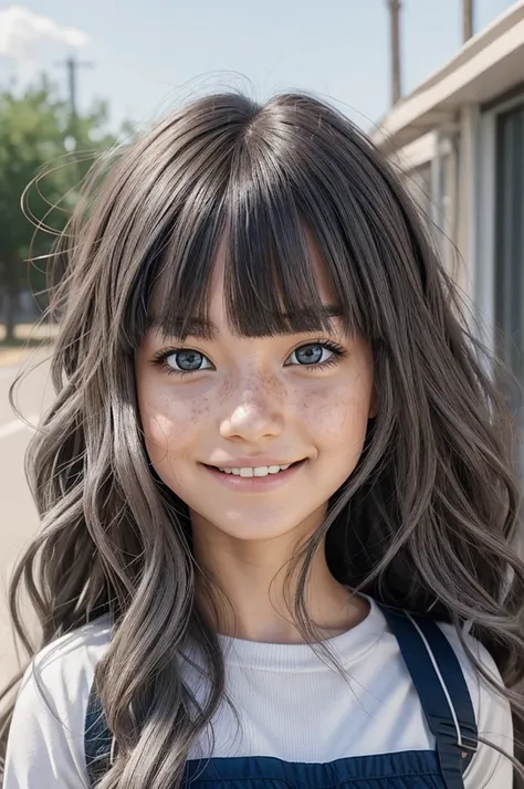 Screenshot of my hero academia girl with long wavy hair from the tips of hair color gray eyes and white skin with freckles with bangs and has a small cut on her face and is happy pressure 