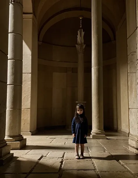 Full body view of a 4 year old girl in a pagan temple