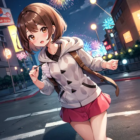 masterpiece, highest quality, High resolution, Gloria1, 1 Girl, Gloria(Pokémon), Brown Hair, , Brown Eyes, , Short Hair, , Bobcut, bangs, , 　１Describe a girl carefully　１Girl　Expression in love　blush　Open Mouth　blush　In town　Jacket　shirt　mini skirt　Night Mo...