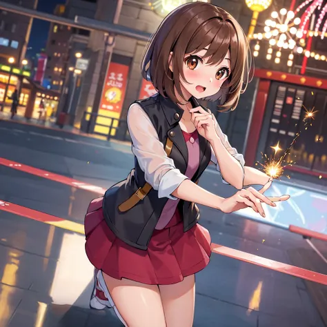 masterpiece, highest quality, High resolution, Gloria1, 1 Girl, Gloria(Pokémon), Brown Hair, , Brown Eyes, , Short Hair, , Bobcut, bangs, , 　１Describe a girl carefully　１Girl　Expression in love　blush　Open Mouth　blush　In town　Jacket　shirt　mini skirt　Night Mo...