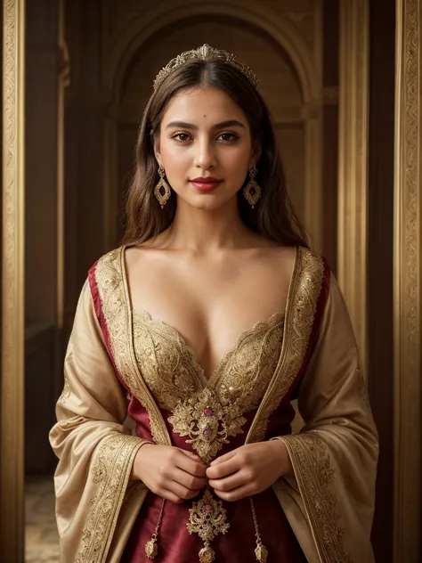 (best quality,4k,8k,highres,masterpiece:1.2),ultra-detailed,(realistic,photorealistic,photo-realistic:1.37), Half body shot:A stunning portrait of Roxelana, the powerful and influential wife of the Ottoman Sultan Suleiman the Magnificent. Roxelanas express...