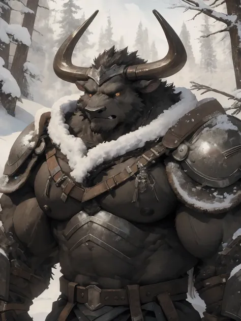 minotaur, solo, muscular, perfect_eyes, perfect_face, abs, big_chest,wide_body, muscular_arms, winter, snowforest_background, so...