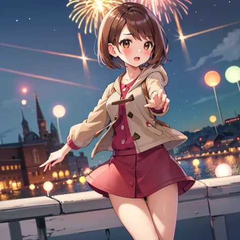 masterpiece, highest quality, High resolution, Gloria1, 1 Girl, Gloria(Pokémon), Brown Hair, , Brown Eyes, , Short Hair, , Bobcut, bangs, , 　１Describe a girl carefully　１Girl　Expression in love　blush　Open Mouth　blush　In town　Jacket　shirt　mini skirt　Night Mo...