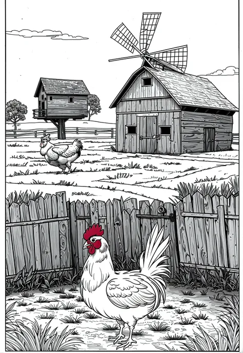 Book page coloring art, All-white background, Use only outlines, line art, coloring book, Clean line art, For coloring Simple and clean line art, coloring book page, perfect symmetric details, Rustic Barn: A classic barn with hay bales inside, a windmill i...