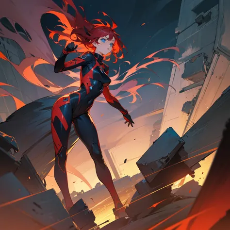 1female, young adult, finely detailed blue eyes, wild medium hair, red hair, full body combat suits, standing on ruined building, night time, serious expression