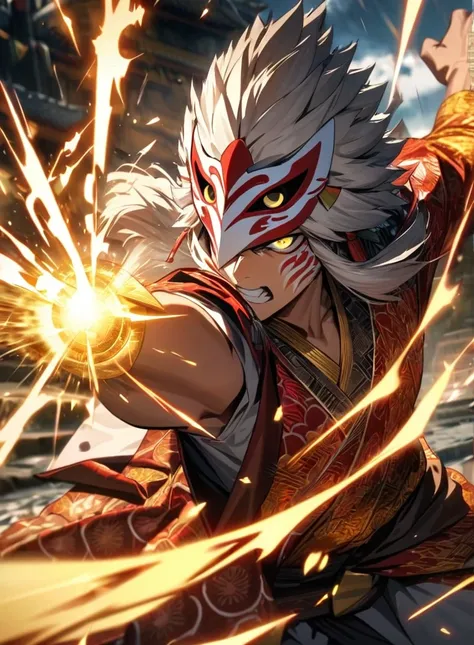 ,absurdres, highres, ultra detailed, HDR, masterpiece, extremely detailed face and eyes,Indonesian Super Hero costume,,red and white Garuda costume, Garuda eagle mask, , Indonesia batik pattern , solo, man, handsome, ,, , Epic fight scene, golden splashing...