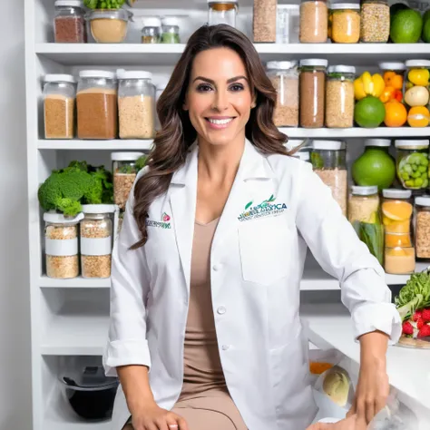 Mulher de 28 anos, nutricionista de jaleco branco, nutritionist&#39;s office scene, foto deve parecer nomal, super realista, super detalhado, 4k 