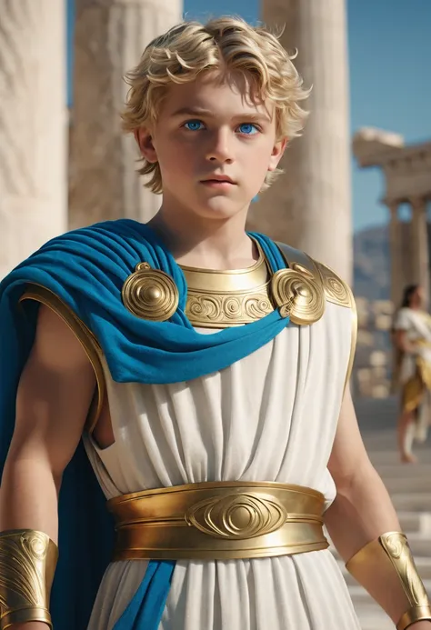 Cmeron crovetti in ancient greece clothing, neutral background, blue eyes, blonde, boy, son of Zeus, cinematic lighting, unreal engine 5, cinematic color grading, 32k, super resolution, global illumination, photoshoot, dynamic pose, centered, photography