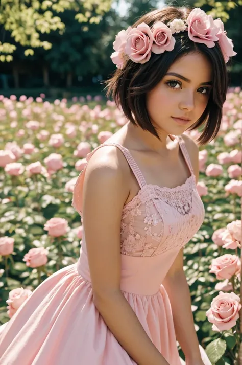 8K, foto cruda, fujifilm, Style photography of a beautiful young girl like Avril in a light pink rose garden. (piel muy detallada: 1.2) Style-Petal BREAK short hair, cabello rubio con mechones de colores, usando un vestido, film grain, 35mm, lindo estilo