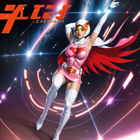 ANI_CLASSIC_jun_gatchaman_ownwaifu,1girl, 15yo,good anatomy, masterpiece, best quality,realistic, hyper realistic, 16k hdr, long hair,breasts,lips,large breasts,lipstick,makeup,gloves,cape,helmet,belt,elbow gloves,white gloves,mask,ultra miniskirt,leotard,...