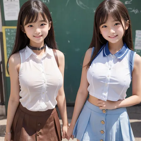 (high quality)、(high resolution)、Two elementary school students、Looking at me with a smile、whole body、Big Breasts、Sleeveless shirt with buttons and collar、Tight mini skirt、Mouth open and out of breath、Cowboy Shot