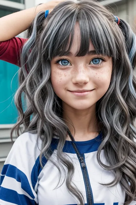 In the background, my hero academia, a girl with wavy hair at the ends and a thousand colors, her eyes are gray with a little blue and she has freckles and bangs, white skin and has a small cut on her neck with a happy anime expression. 