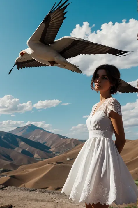 Una mujer pelo corto rojo oscuro y vestido blanco y con alas en el cielo 