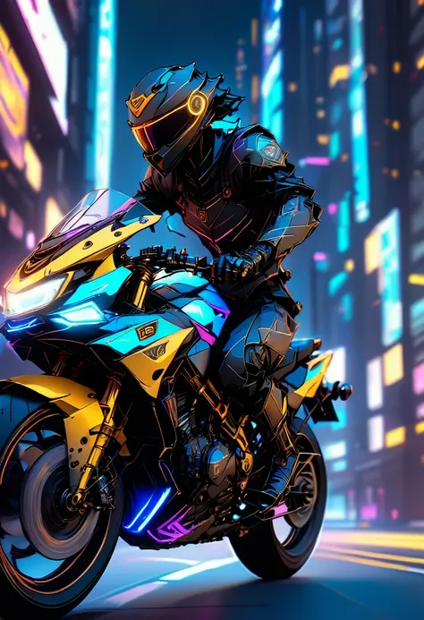 detailed cyberpunk motorcycle, futuristic motorcycle, riding on the road, motorcycle from behind view, 1 person riding motorcycl...