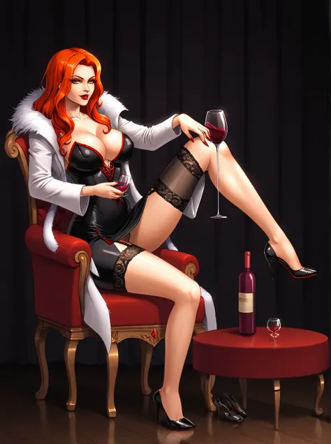 Lenore from Castlevania, red hair, orange eyes, vampire girl, ultra sexy, white fur coat, nylon thigh, glass of wine, red nail, red lipstick, sexy black heels, red toesnail, ultra beautiful girl, masterpiece, heels fetish, heel forward