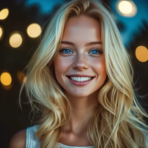 summer6, belle blonde, la nuit, campagne, ville lights, realistic, la photographie, selfie, sourire, yeux bleus, elegant outfit