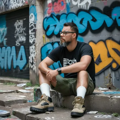 gutto2024abr, A full-body close-up professional RAW photograph of a man with glasses, beard and short military-cut black hair. He is wearing a t-shirt, cargo shorts, high-top adventure boots, and white socks. The man is sitting on the ground, leaning again...