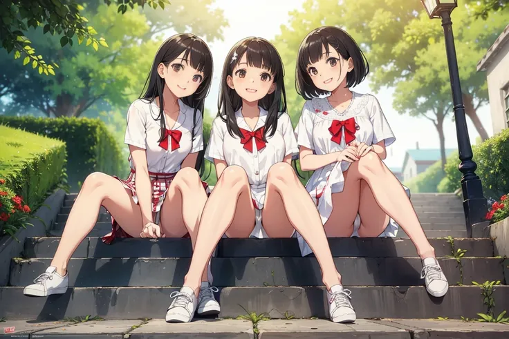 Three happy girls were sitting on the stone steps, Take a full body photo、Laughing happily、She was wearing a white blouse, Vans Sneakers, Red checked skirt、White sneakers, Black Hair, detached houses, Flowers,Happy girl with round face, Big eyes, Long eyel...