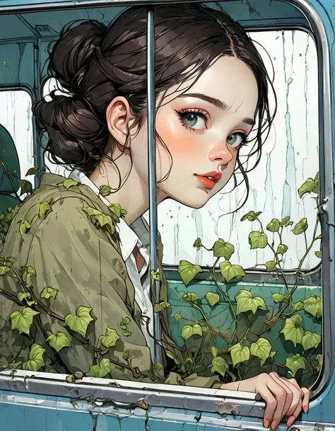 ((beautiful detail)))(cute face: 1.2) 1 sexy girl, shoot from the front, inside a decaying bus, sitting in the back seat, cracked window glass, humidity, moss, ivy, rust, atmosphere of melancholy (sharp lines: 1.2)(clear line:1.2),(eye details:1.3)(thick b...